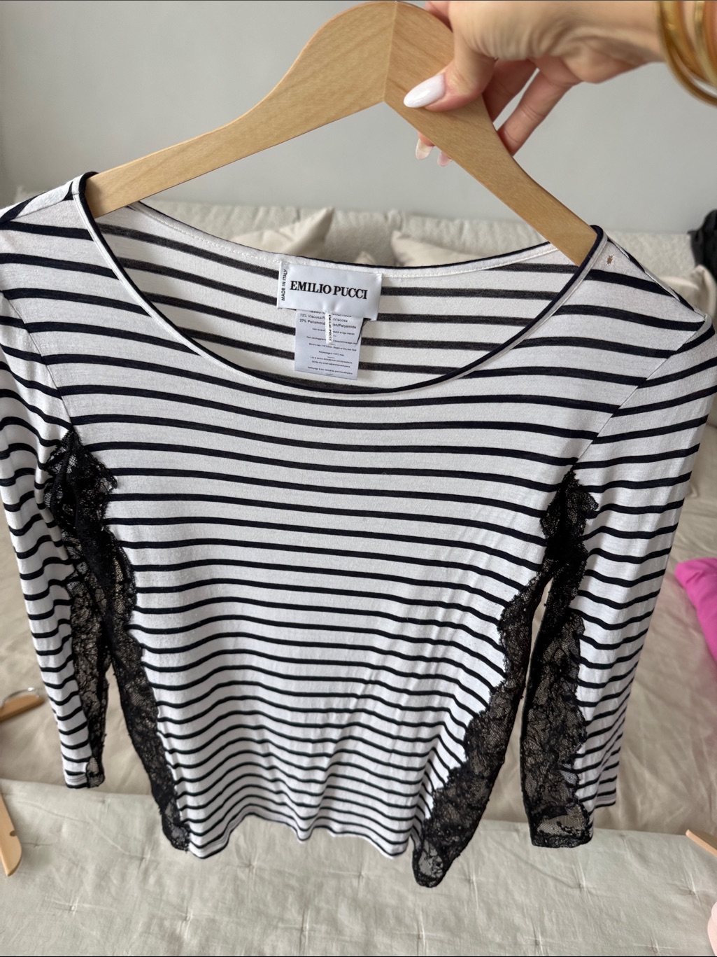 Emilio Pucci Black & White Striped Lace-Inset Long Sleeve Tee